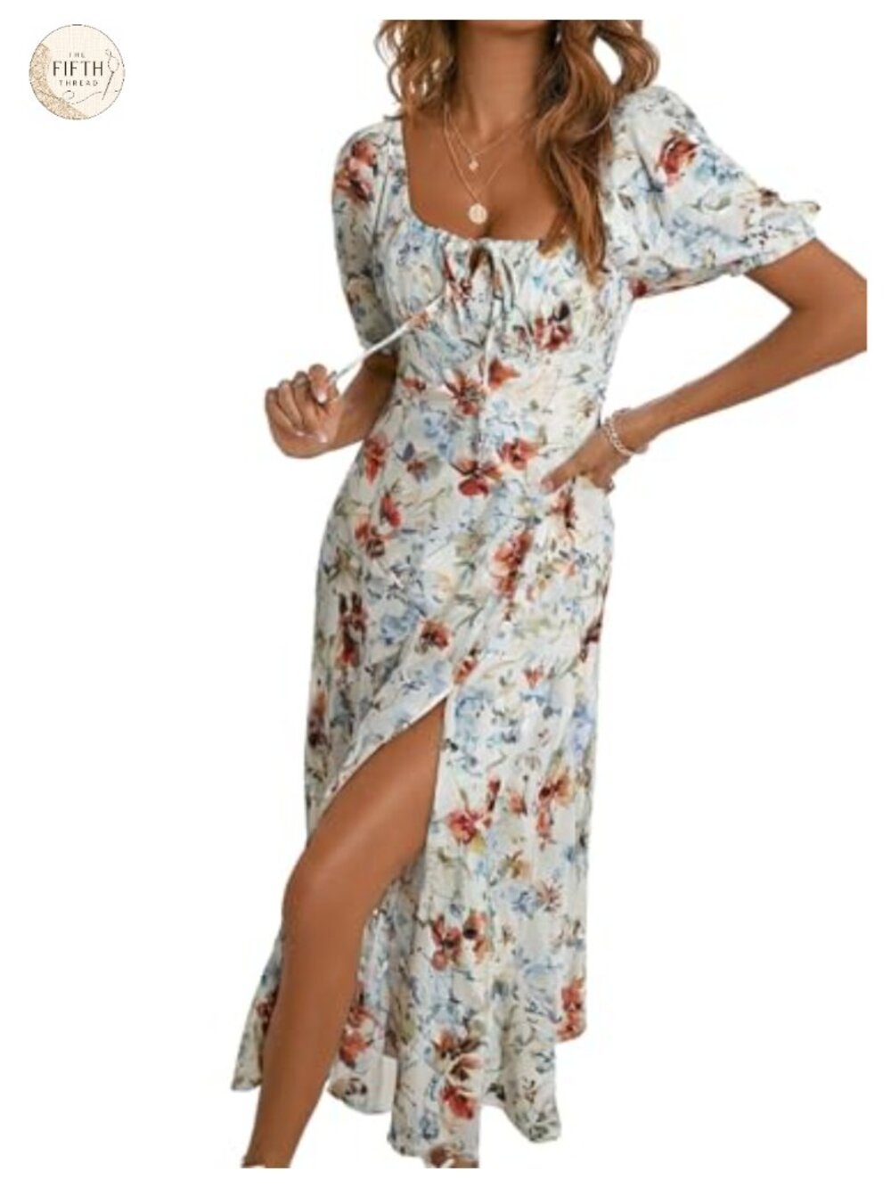 Women's Floral Puff Short Sleeve Midi Summer Dress Square Neck Tie Front Split